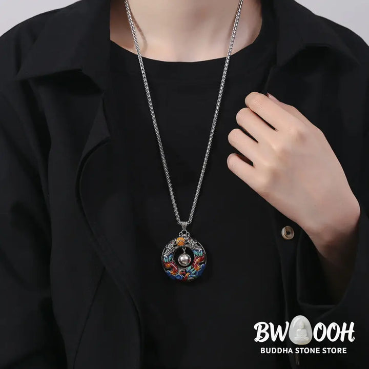 Buddha Stones Year of the Dragon Colorful Double Dragons Playing Bead Copper Protection Necklace Pendant - BWOOOH