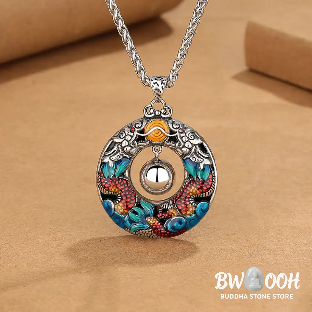Buddha Stones Year of the Dragon Colorful Double Dragons Playing Bead Copper Protection Necklace Pendant - BWOOOH
