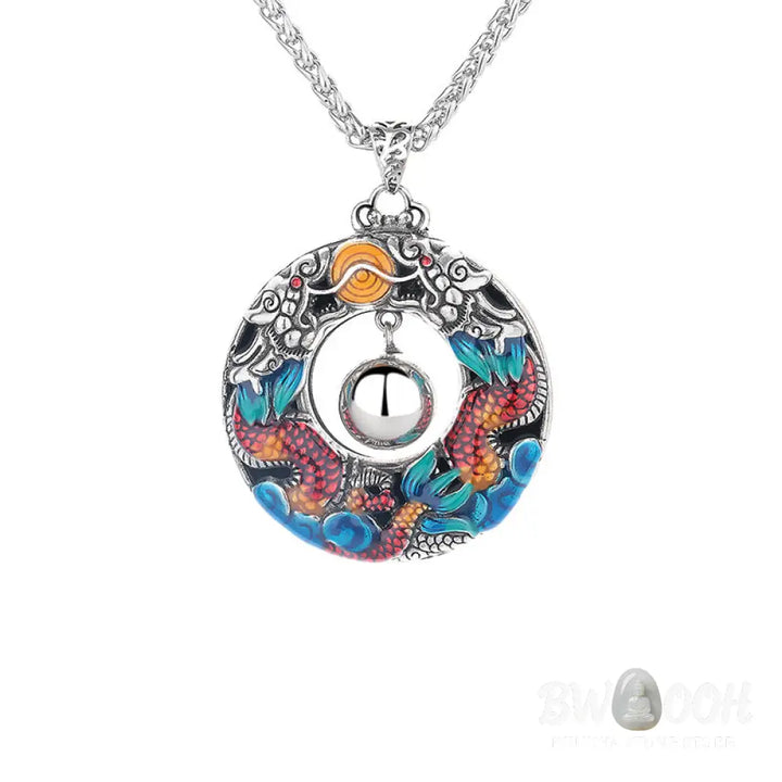 Buddha Stones Year of the Dragon Colorful Double Dragons Playing Bead Copper Protection Necklace Pendant - BWOOOH