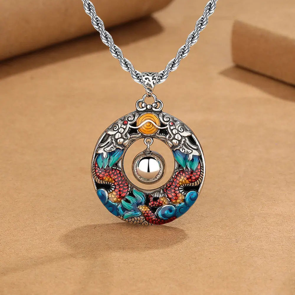 Buddha Stones Year of the Dragon Colorful Double Dragons Playing Bead Copper Protection Necklace Pendant - BWOOOH
