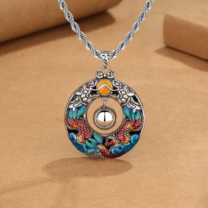 Buddha Stones Year of the Dragon Colorful Double Dragons Playing Bead Copper Protection Necklace Pendant - BWOOOH