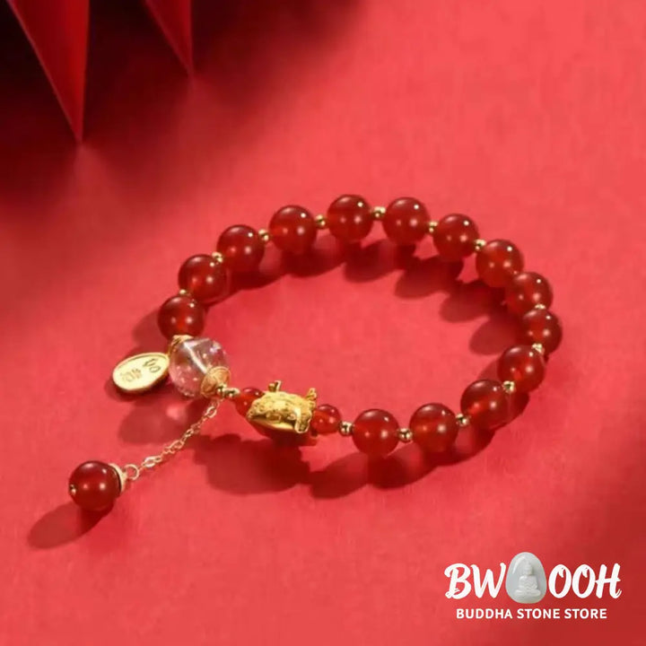 BWOOOH Year of the Dragon Dumpling Natural Red Agate Garnet Hetian Jade Fu Character Luck Success Bracelet