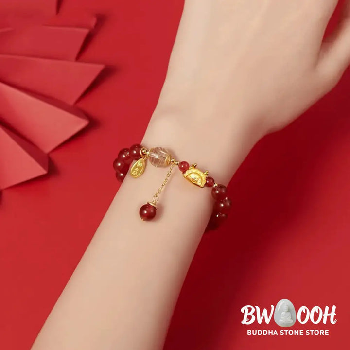 BWOOOH Year of the Dragon Dumpling Natural Red Agate Garnet Hetian Jade Fu Character Luck Success Bracelet