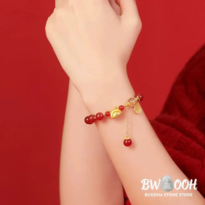 BWOOOH Year of the Dragon Dumpling Natural Red Agate Garnet Hetian Jade Fu Character Luck Success Bracelet