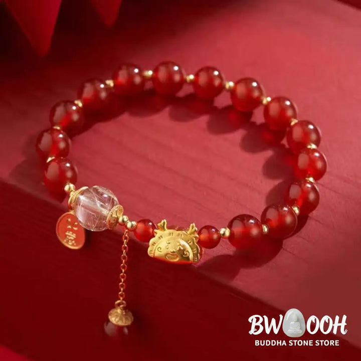 BWOOOH Year of the Dragon Dumpling Natural Red Agate Garnet Hetian Jade Fu Character Luck Success Bracelet