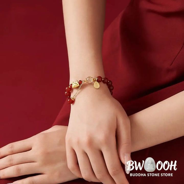 BWOOOH Year of the Dragon Dumpling Natural Red Agate Garnet Hetian Jade Fu Character Luck Success Bracelet
