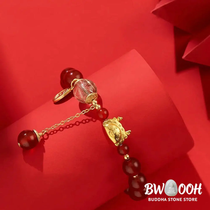 BWOOOH Year of the Dragon Dumpling Natural Red Agate Garnet Hetian Jade Fu Character Luck Success Bracelet