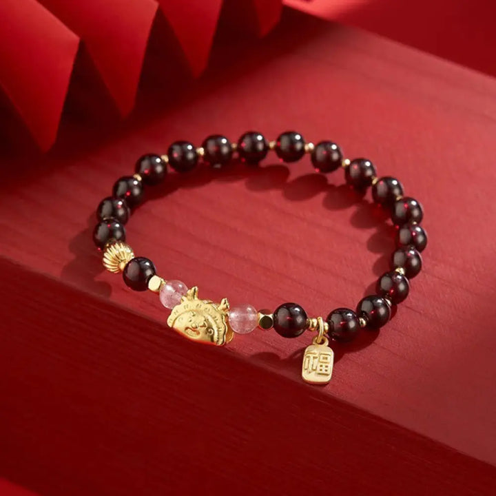 BWOOOH Year of the Dragon Dumpling Natural Red Agate Garnet Hetian Jade Fu Character Luck Success Bracelet