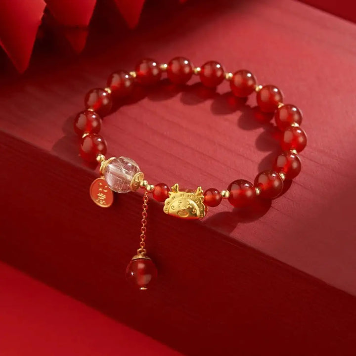 BWOOOH Year of the Dragon Dumpling Natural Red Agate Garnet Hetian Jade Fu Character Luck Success Bracelet - Red