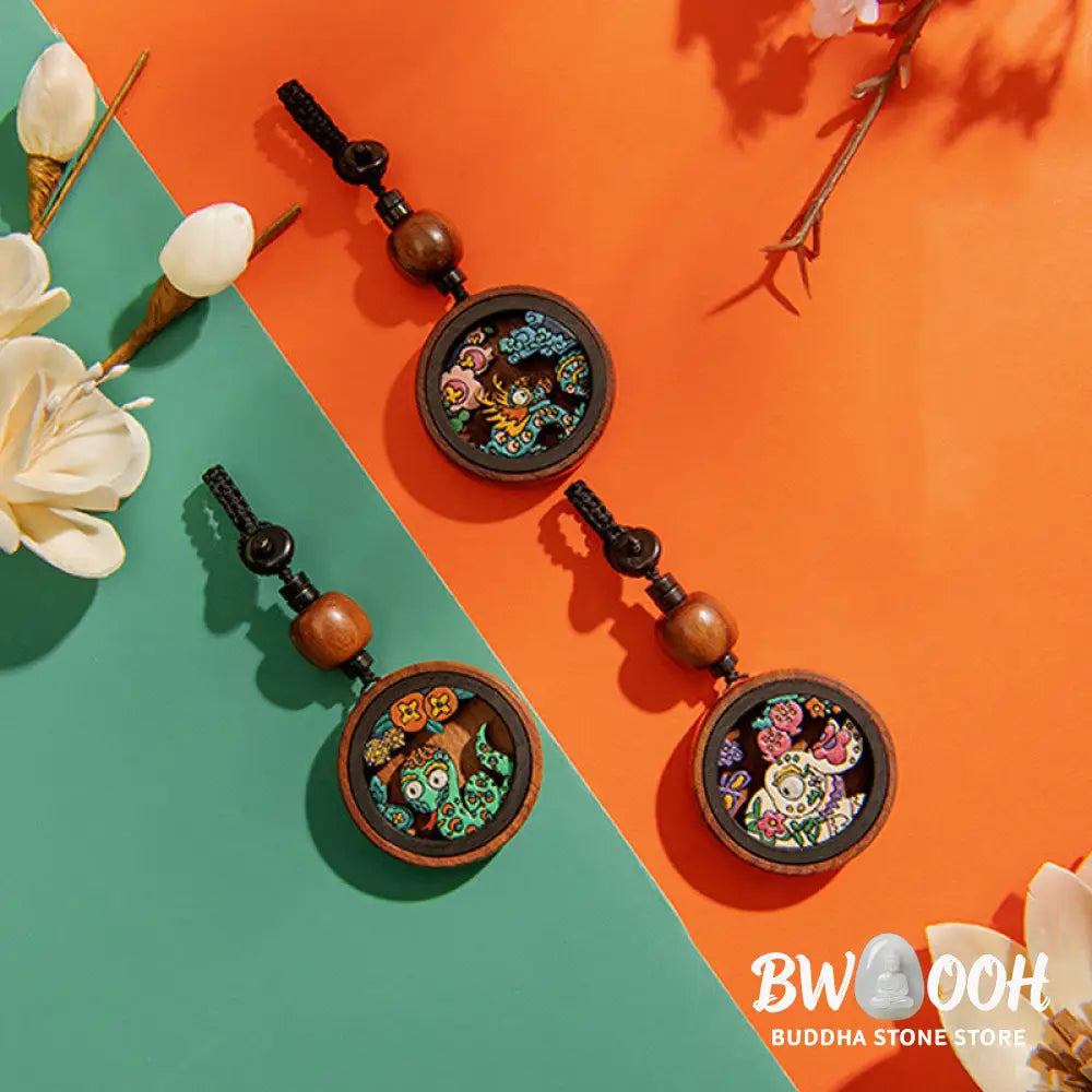Buddha Stones Year Of The Dragon Hand Painted Chinese Zodiac Rosewood Carved Calm Key Chain (Extra 35% Off | USE CODE: