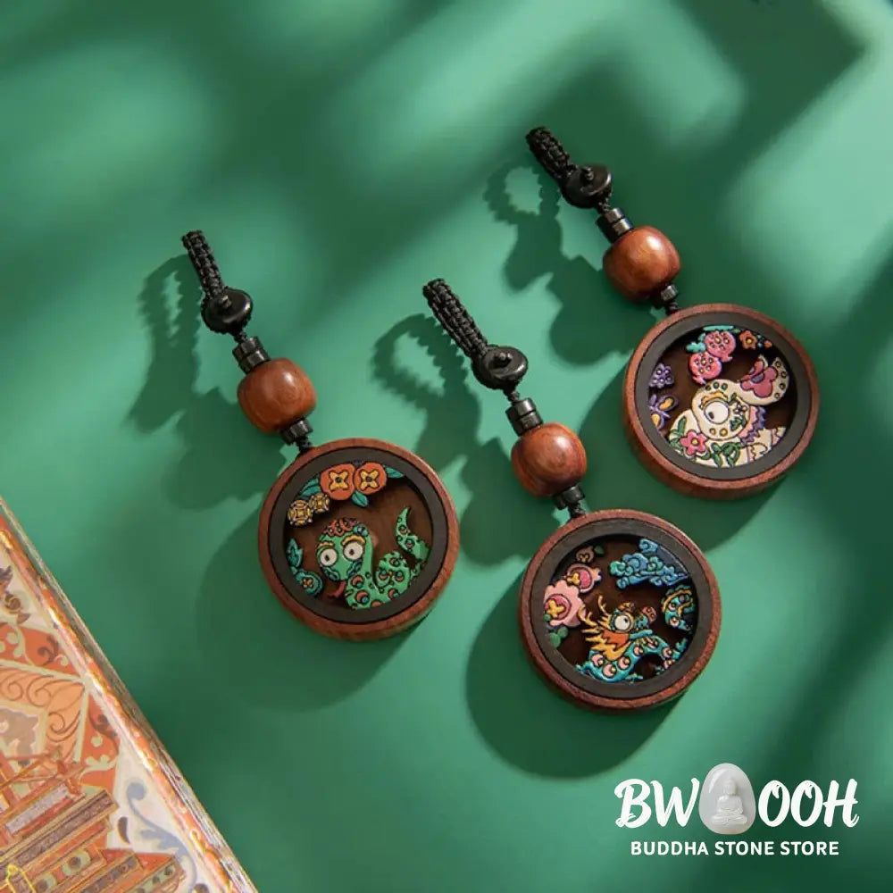 Buddha Stones Year Of The Dragon Hand Painted Chinese Zodiac Rosewood Carved Calm Key Chain (Extra 35% Off | USE CODE: