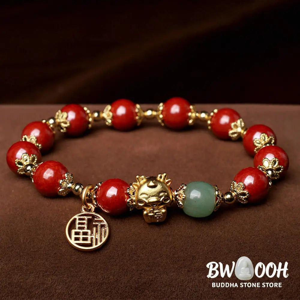 BWOOOH Year of the Dragon Natural Cinnabar Fu Character Charm Blessing Bracelet - Cinnabar(Wrist Circumference