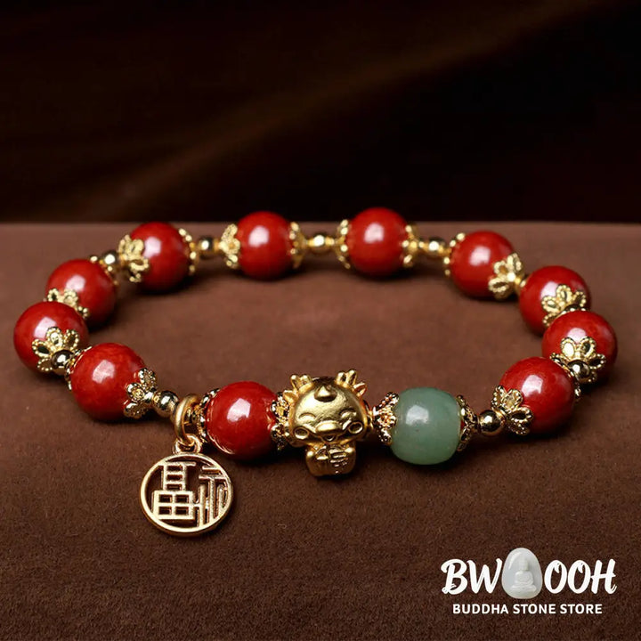 BWOOOH Year of the Dragon Natural Cinnabar Fu Character Charm Blessing Bracelet - Cinnabar(Wrist Circumference