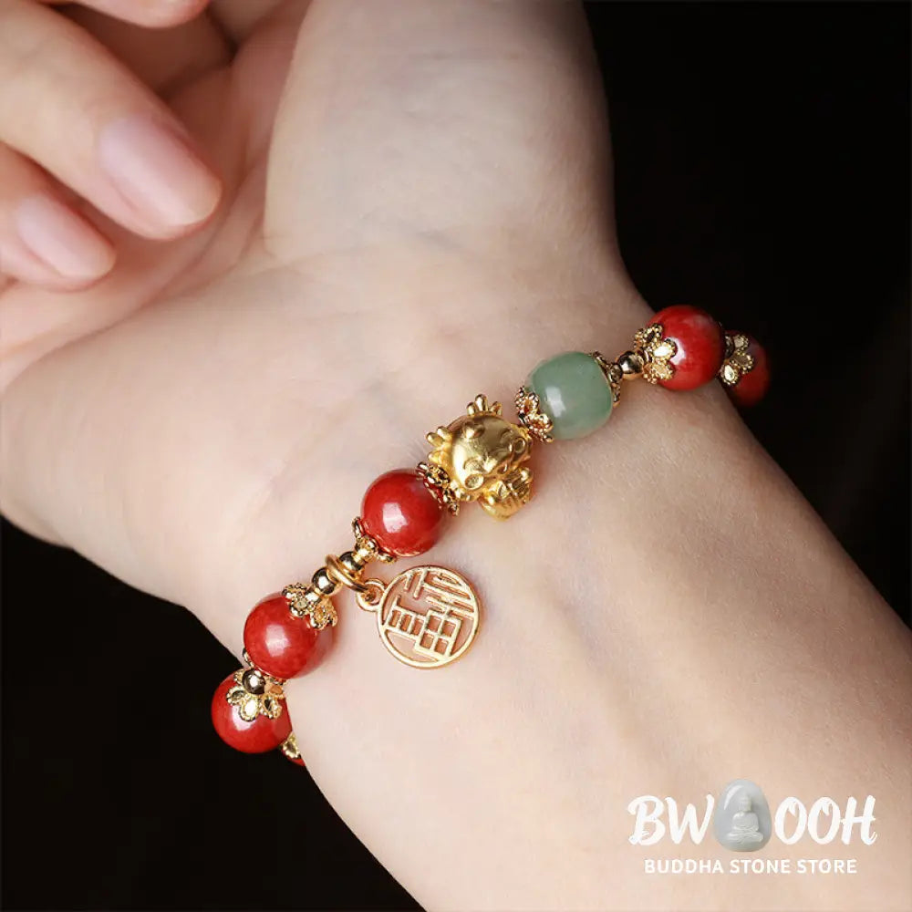 BWOOOH Year of the Dragon Natural Cinnabar Fu Character Charm Blessing Bracelet - Cinnabar(Wrist Circumference