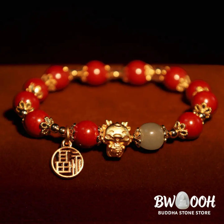 BWOOOH Year of the Dragon Natural Cinnabar Fu Character Charm Blessing Bracelet - Cinnabar(Wrist Circumference