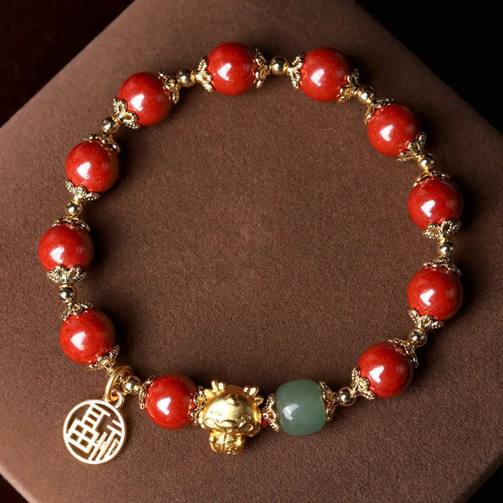 BWOOOH Year of the Dragon Natural Cinnabar Fu Character Charm Blessing Bracelet - Cinnabar(Wrist Circumference