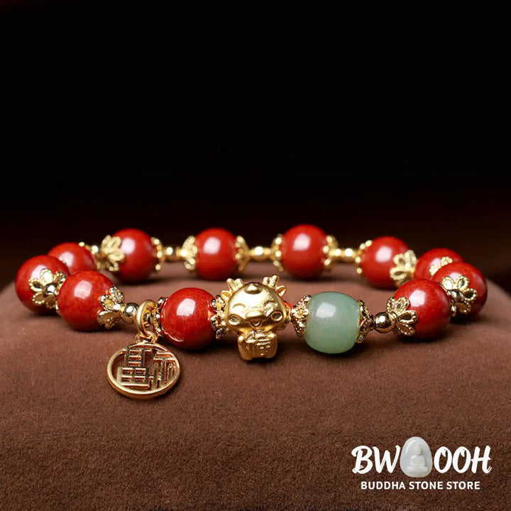 BWOOOH Year of the Dragon Natural Cinnabar Fu Character Charm Blessing Bracelet - Cinnabar(Wrist Circumference