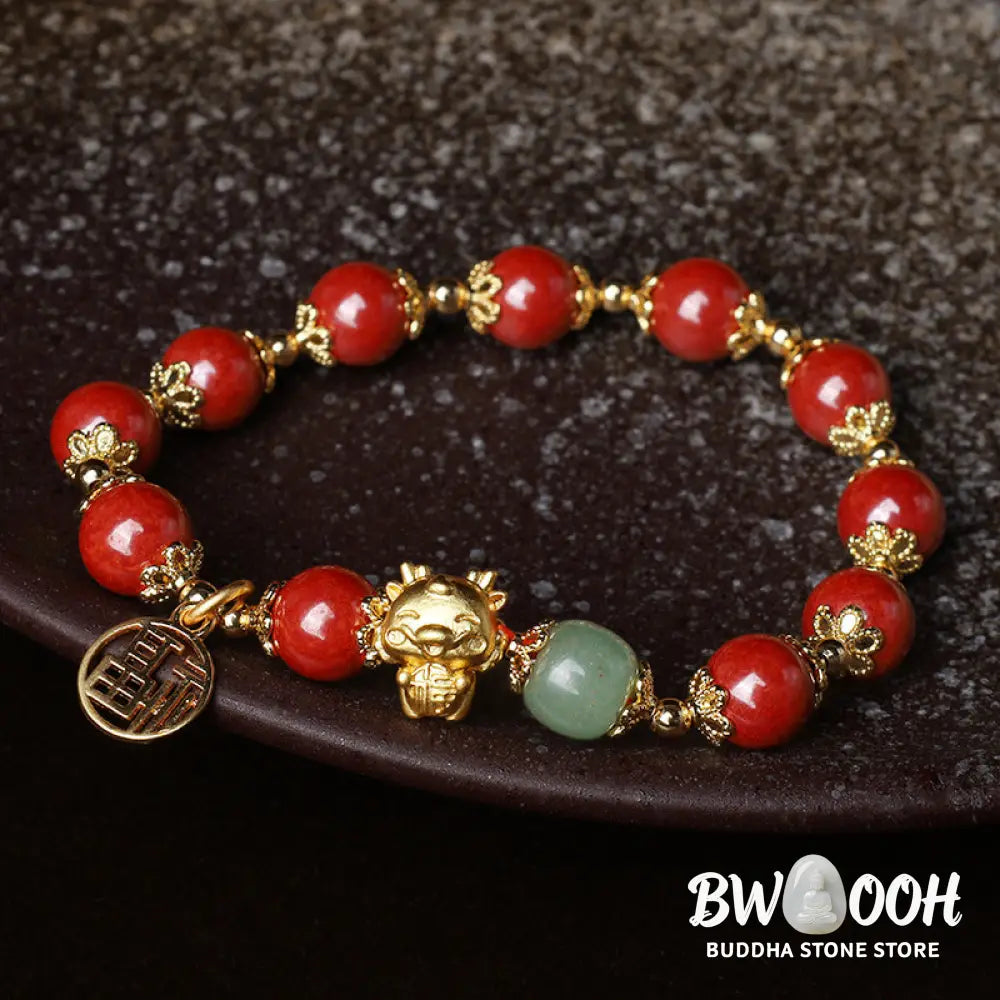 BWOOOH Year of the Dragon Natural Cinnabar Fu Character Charm Blessing Bracelet - Cinnabar(Wrist Circumference
