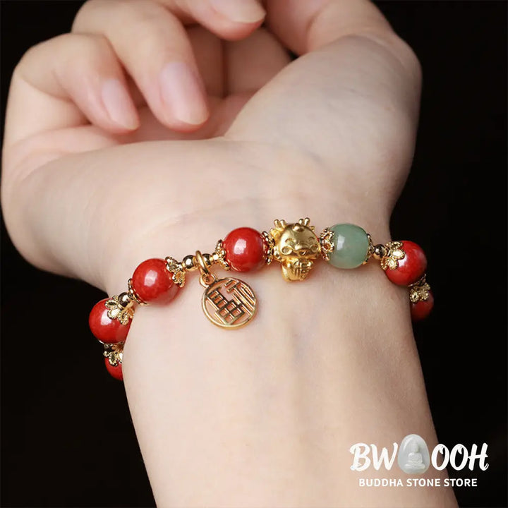 BWOOOH Year of the Dragon Natural Cinnabar Fu Character Charm Blessing Bracelet - Cinnabar(Wrist Circumference