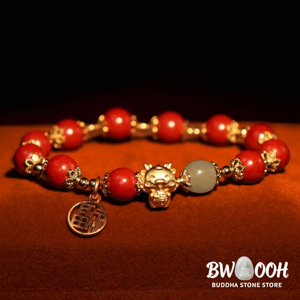 BWOOOH Year of the Dragon Natural Cinnabar Fu Character Charm Blessing Bracelet - Cinnabar(Wrist Circumference