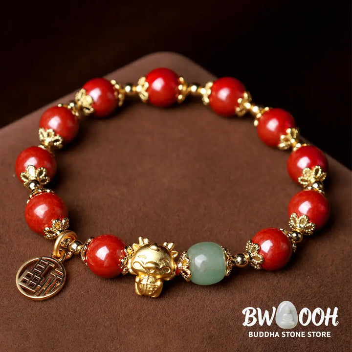 BWOOOH Year of the Dragon Natural Cinnabar Fu Character Charm Blessing Bracelet - Cinnabar(Wrist Circumference