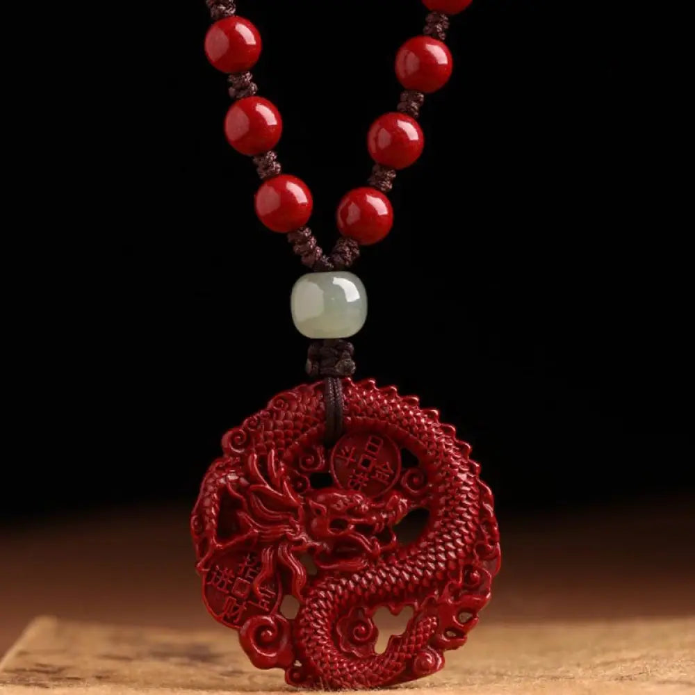 BWOOOH Year of the Dragon cinnabar Hetian jade copper coin wealth necklace pendant — feng shui jewelry for abundance
