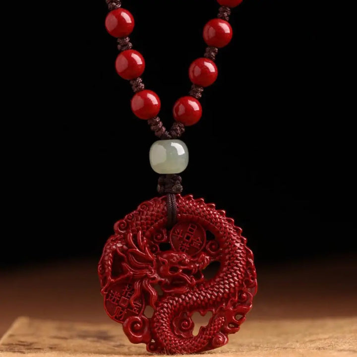 BWOOOH Year of the Dragon cinnabar Hetian jade copper coin wealth necklace pendant — feng shui jewelry for abundance