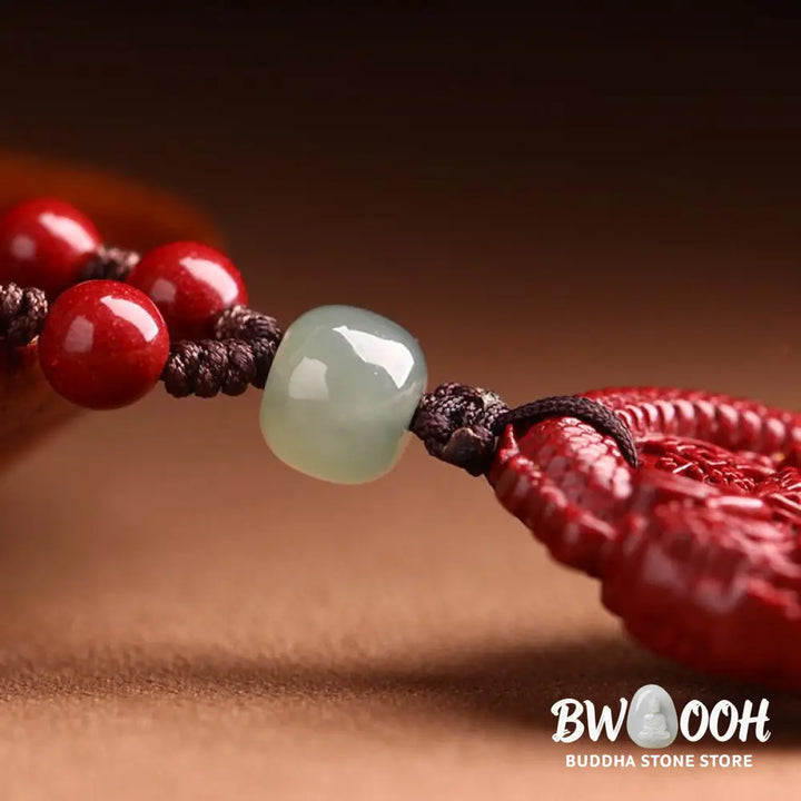 BWOOOH Year of the Dragon necklace: Glistening natural cinnabar beads, serene Hetian jade, and an ancient copper coin pendant. A powerful talisman invoking wealth, strength, and spiritual protection against ill fortune, imbued with auspicious Yang energy. - View 6