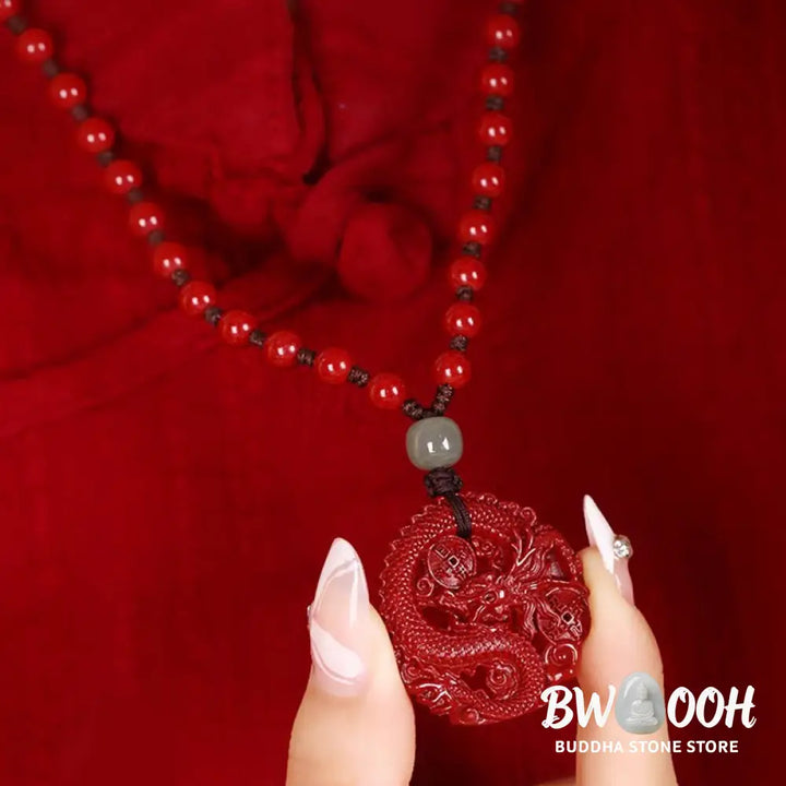BWOOOH Year of the Dragon necklace: Glistening natural cinnabar beads, serene Hetian jade, and an ancient copper coin pendant. A powerful talisman invoking wealth, strength, and spiritual protection against ill fortune, imbued with auspicious Yang energy. - View 4