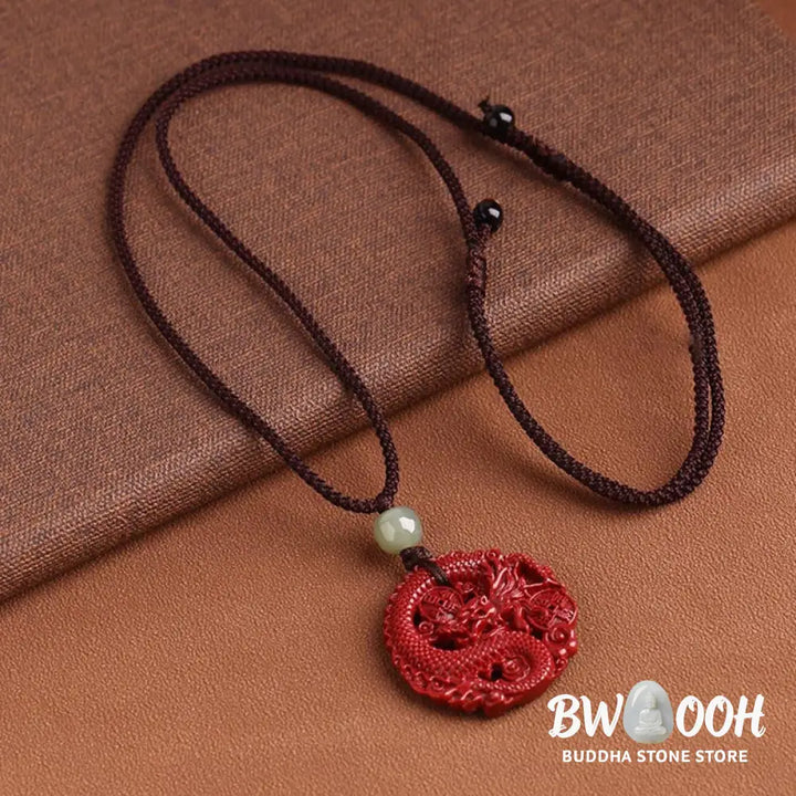 BWOOOH Year of the Dragon necklace: Glistening natural cinnabar beads, serene Hetian jade, and an ancient copper coin pendant. A powerful talisman invoking wealth, strength, and spiritual protection against ill fortune, imbued with auspicious Yang energy. - View 12