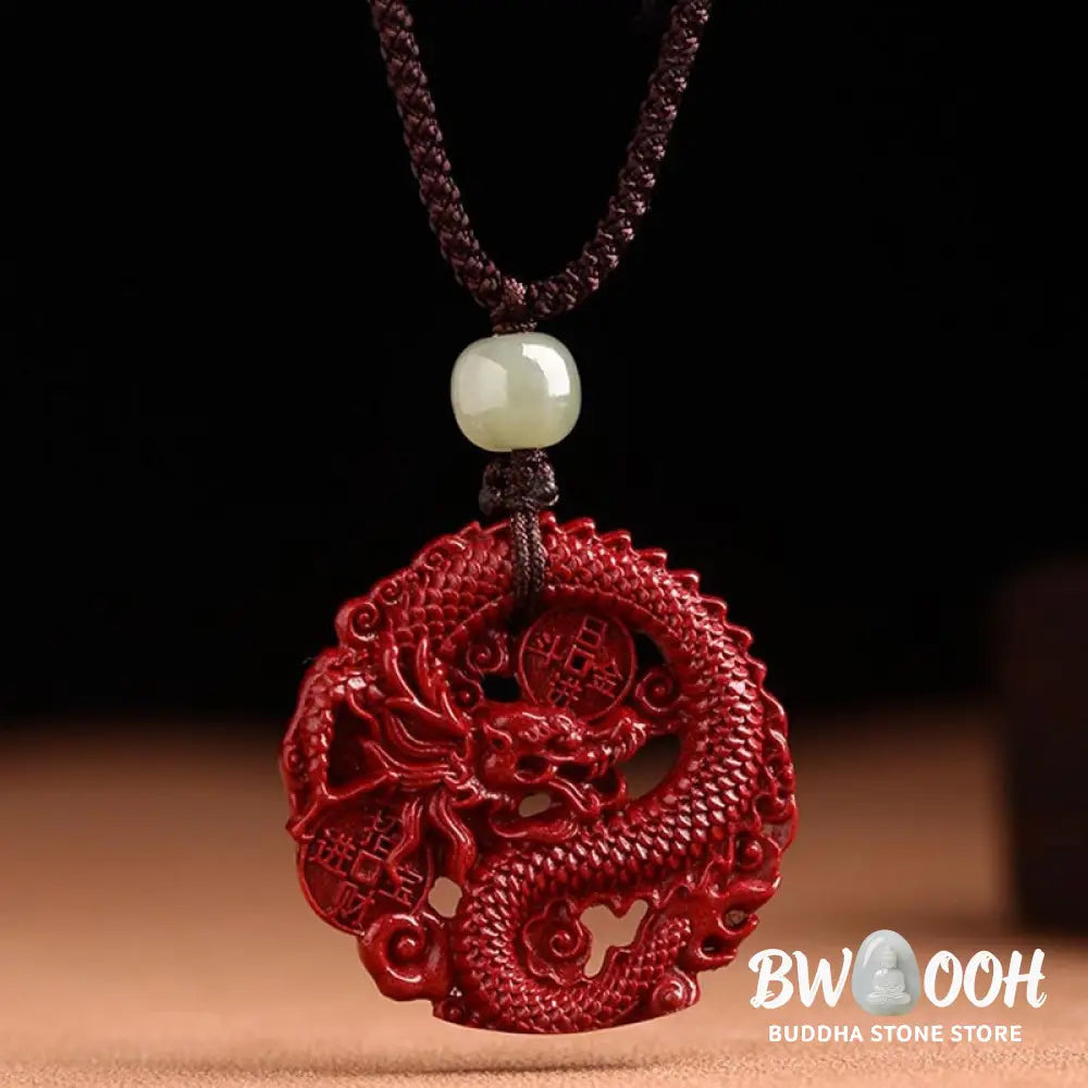 BWOOOH Year of the Dragon necklace: Glistening natural cinnabar beads, serene Hetian jade, and an ancient copper coin pendant. A powerful talisman invoking wealth, strength, and spiritual protection against ill fortune, imbued with auspicious Yang energy. - View 13