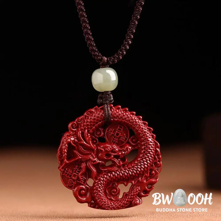 BWOOOH Year of the Dragon necklace: Glistening natural cinnabar beads, serene Hetian jade, and an ancient copper coin pendant. A powerful talisman invoking wealth, strength, and spiritual protection against ill fortune, imbued with auspicious Yang energy. - View 13
