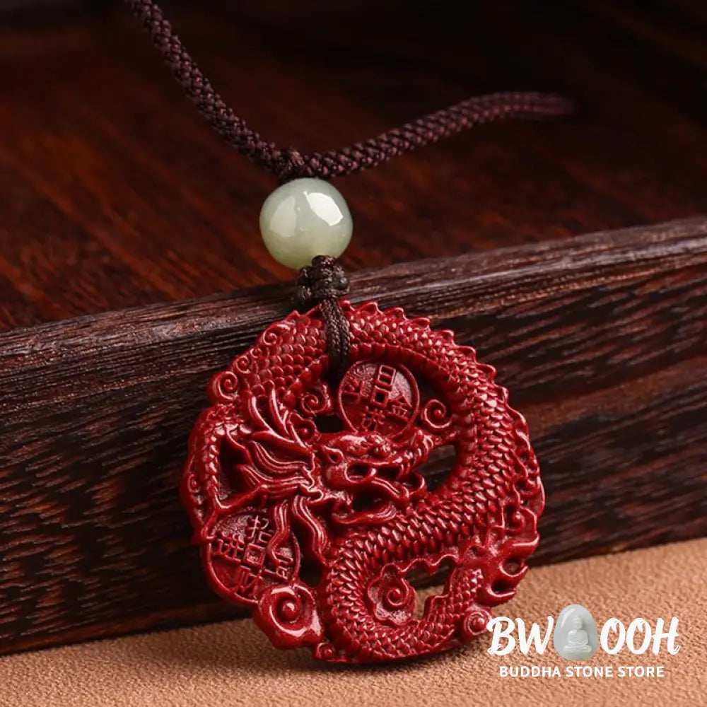 BWOOOH Year of the Dragon necklace: Glistening natural cinnabar beads, serene Hetian jade, and an ancient copper coin pendant. A powerful talisman invoking wealth, strength, and spiritual protection against ill fortune, imbued with auspicious Yang energy. - View 8