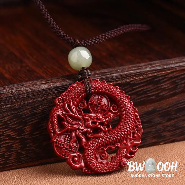 BWOOOH Year of the Dragon necklace: Glistening natural cinnabar beads, serene Hetian jade, and an ancient copper coin pendant. A powerful talisman invoking wealth, strength, and spiritual protection against ill fortune, imbued with auspicious Yang energy. - View 8