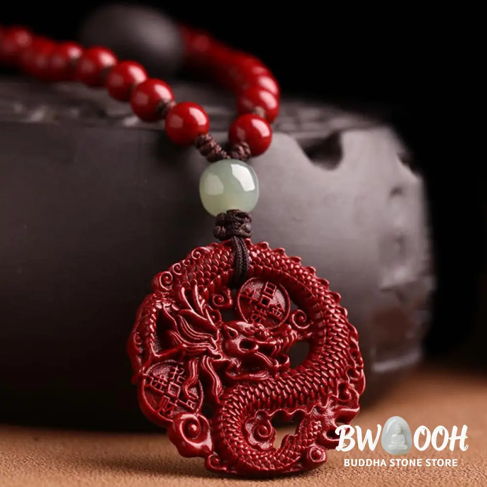 BWOOOH Year of the Dragon necklace: Glistening natural cinnabar beads, serene Hetian jade, and an ancient copper coin pendant. A powerful talisman invoking wealth, strength, and spiritual protection against ill fortune, imbued with auspicious Yang energy. - View 2