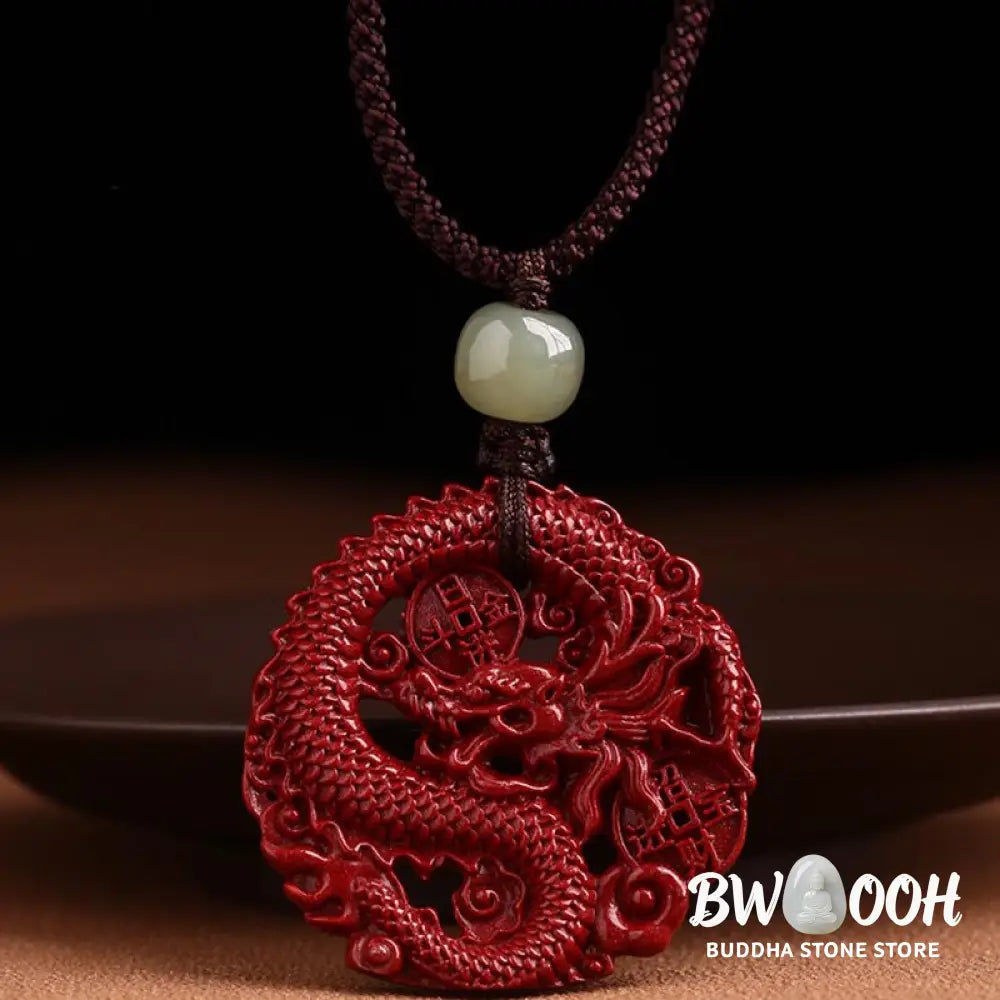 BWOOOH Year of the Dragon necklace: Glistening natural cinnabar beads, serene Hetian jade, and an ancient copper coin pendant. A powerful talisman invoking wealth, strength, and spiritual protection against ill fortune, imbued with auspicious Yang energy. - View 9
