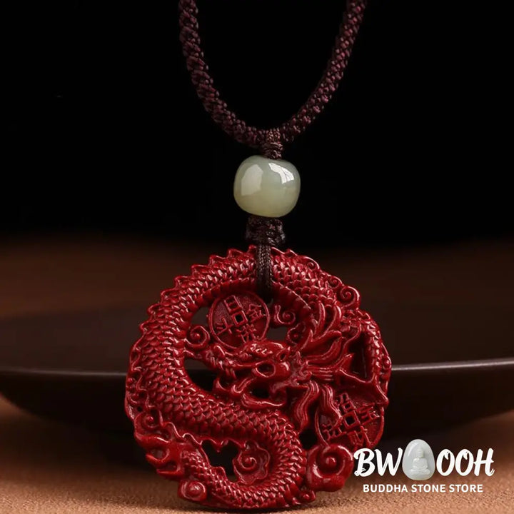 BWOOOH Year of the Dragon necklace: Glistening natural cinnabar beads, serene Hetian jade, and an ancient copper coin pendant. A powerful talisman invoking wealth, strength, and spiritual protection against ill fortune, imbued with auspicious Yang energy. - View 9