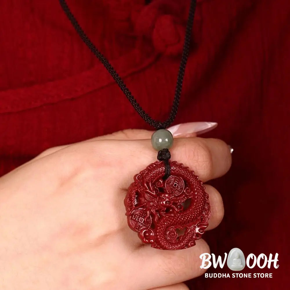 BWOOOH Year of the Dragon necklace: Glistening natural cinnabar beads, serene Hetian jade, and an ancient copper coin pendant. A powerful talisman invoking wealth, strength, and spiritual protection against ill fortune, imbued with auspicious Yang energy. - View 11