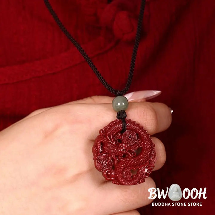 BWOOOH Year of the Dragon necklace: Glistening natural cinnabar beads, serene Hetian jade, and an ancient copper coin pendant. A powerful talisman invoking wealth, strength, and spiritual protection against ill fortune, imbued with auspicious Yang energy. - View 11