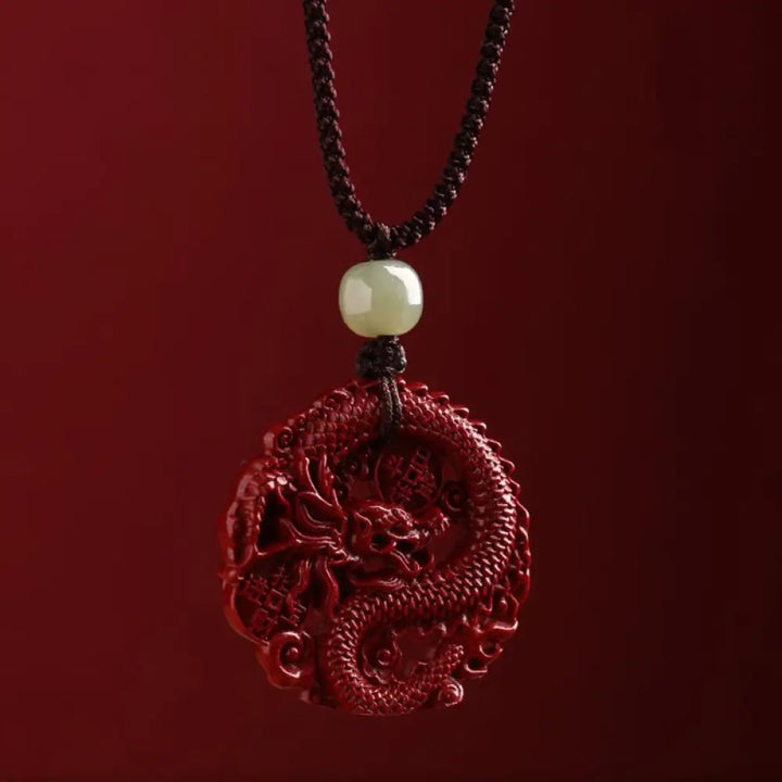 BWOOOH Year of the Dragon necklace: Glistening natural cinnabar beads, serene Hetian jade, and an ancient copper coin pendant. A powerful talisman invoking wealth, strength, and spiritual protection against ill fortune, imbued with auspicious Yang energy. - View 7