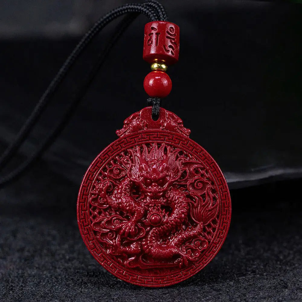 BWOOOH Year of the Dragon Natural Cinnabar Dragon Protection Necklace Pendant. Unisex design with 6mm cinnabar beads, a 34.7x39.5x8.1mm dragon pendant, and an adjustable 45-65cm length. Symbolizes luck, strength, and spiritual protection for 2024 Dragon zodiac years.