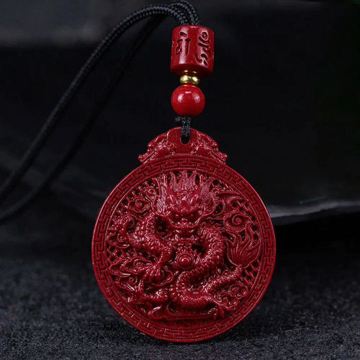 BWOOOH Year of the Dragon Natural Cinnabar Dragon Protection Necklace Pendant. Unisex design with 6mm cinnabar beads, a 34.7x39.5x8.1mm dragon pendant, and an adjustable 45-65cm length. Symbolizes luck, strength, and spiritual protection for 2024 Dragon zodiac years.