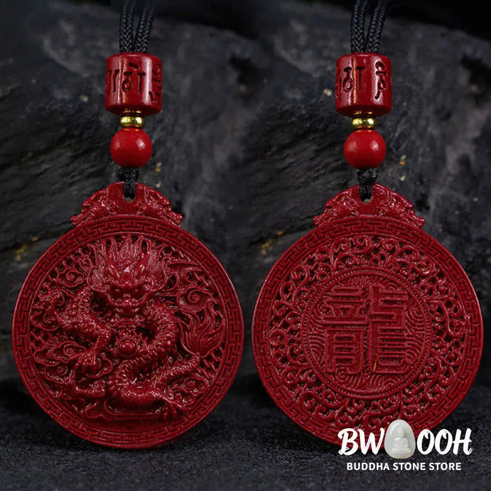 BWOOOH Year of the Dragon Natural Cinnabar Dragon Protection Necklace Pendant. Unisex design with 6mm cinnabar beads, a 34.7x39.5x8.1mm dragon pendant, and an adjustable 45-65cm length. Symbolizes luck, strength, and spiritual protection for 2024 Dragon zodiac years. - View 2