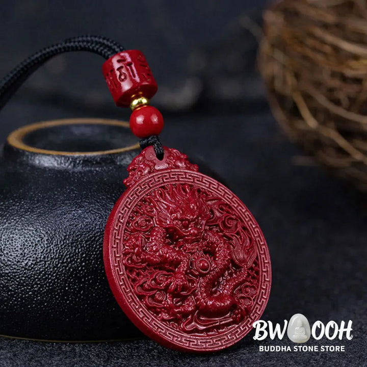 BWOOOH Year of the Dragon Natural Cinnabar Dragon Protection Necklace Pendant. Unisex design with 6mm cinnabar beads, a 34.7x39.5x8.1mm dragon pendant, and an adjustable 45-65cm length. Symbolizes luck, strength, and spiritual protection for 2024 Dragon zodiac years. - View 3