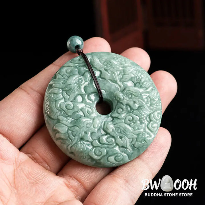 Buddha Stones Year of the Dragon Natural Jade Nine Dragons Peace Buckle Protection Necklace Pendant - BWOOOH