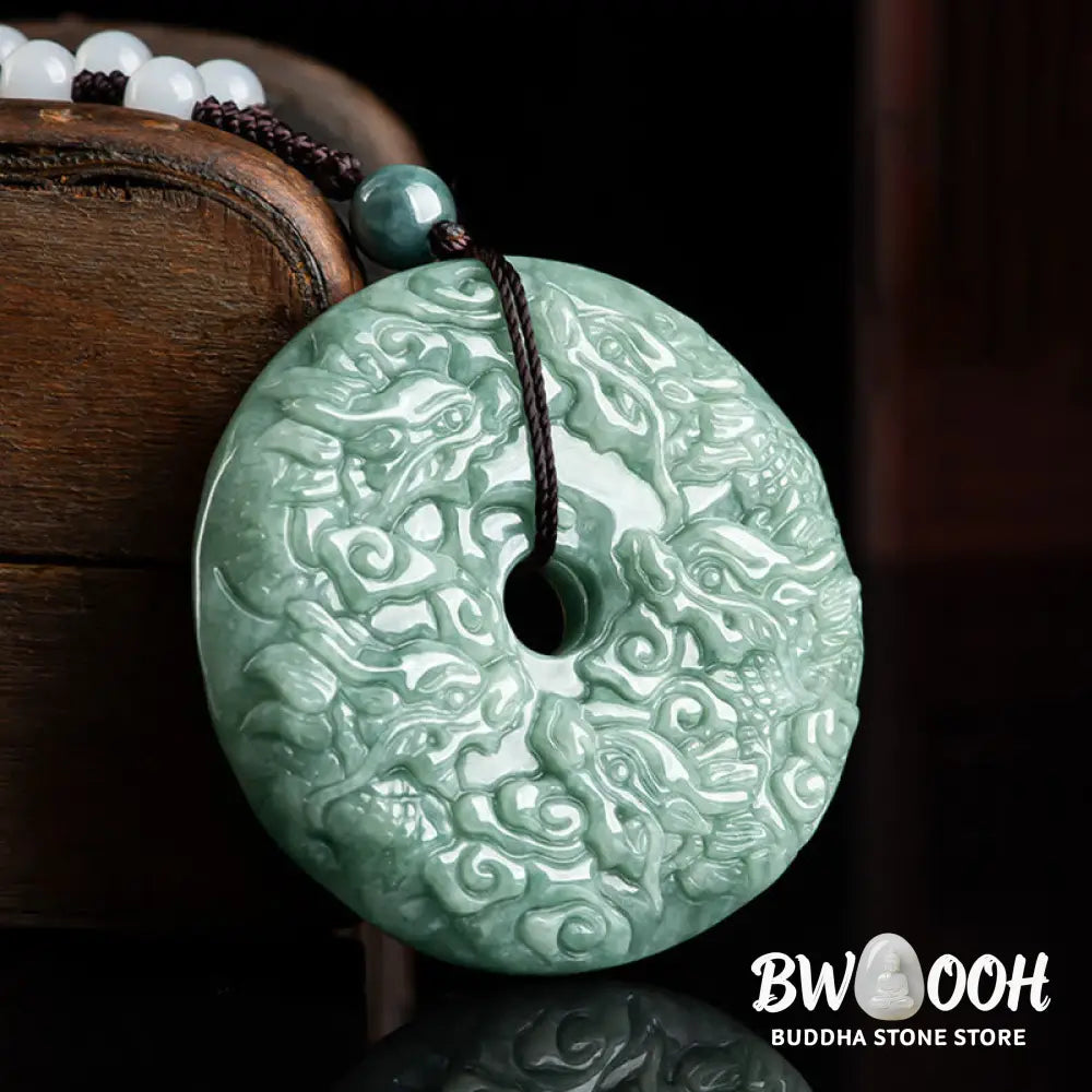 Buddha Stones Year of the Dragon Natural Jade Nine Dragons Peace Buckle Protection Necklace Pendant - BWOOOH
