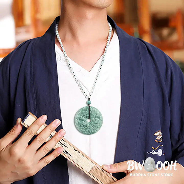 Buddha Stones Year of the Dragon Natural Jade Nine Dragons Peace Buckle Protection Necklace Pendant - BWOOOH