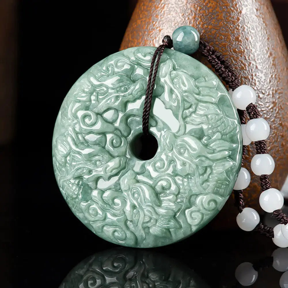 BWOOOH Year of the Dragon Natural Jade Nine Dragons Peace Buckle Protection Necklace Pendant