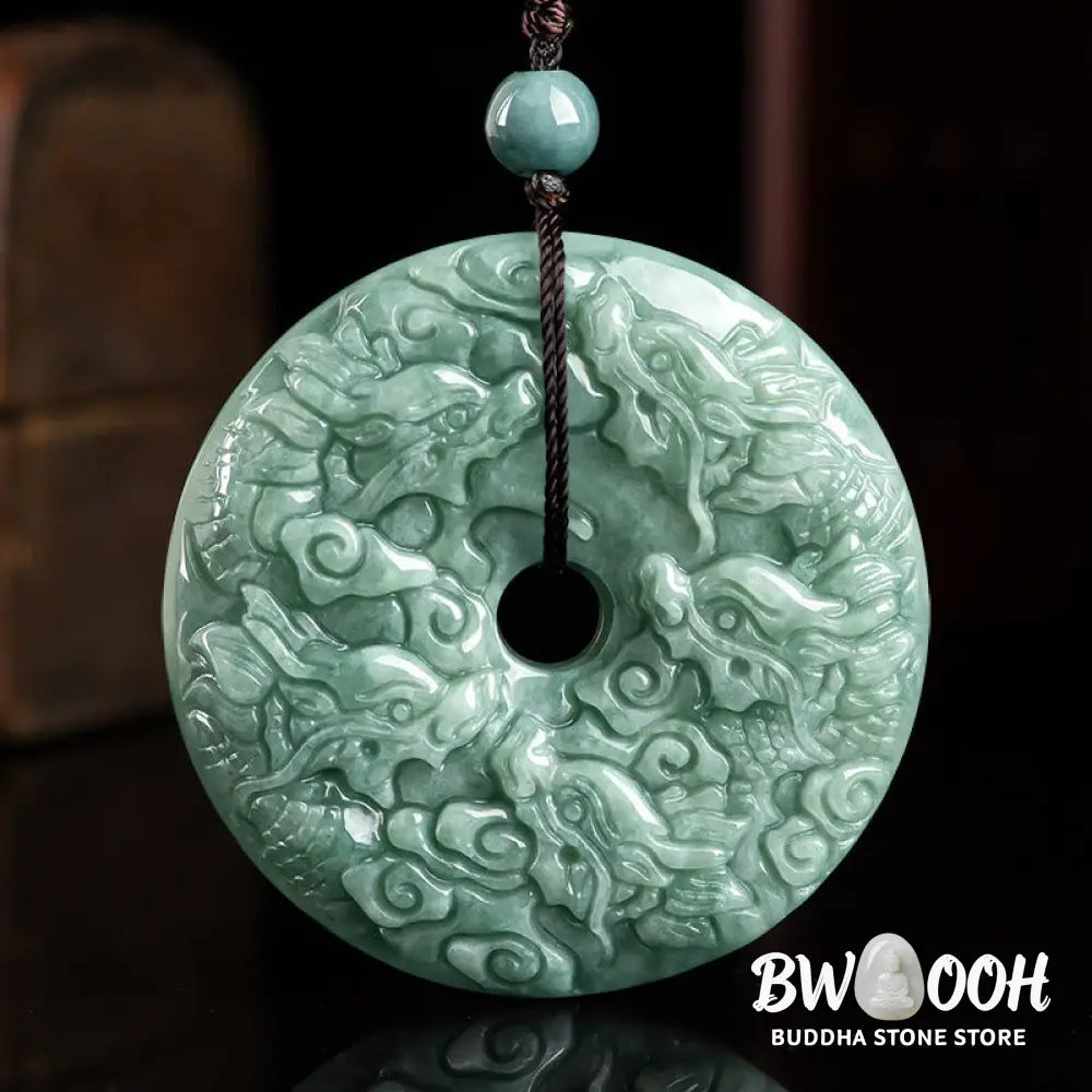 Buddha Stones Year of the Dragon Natural Jade Nine Dragons Peace Buckle Protection Necklace Pendant - BWOOOH