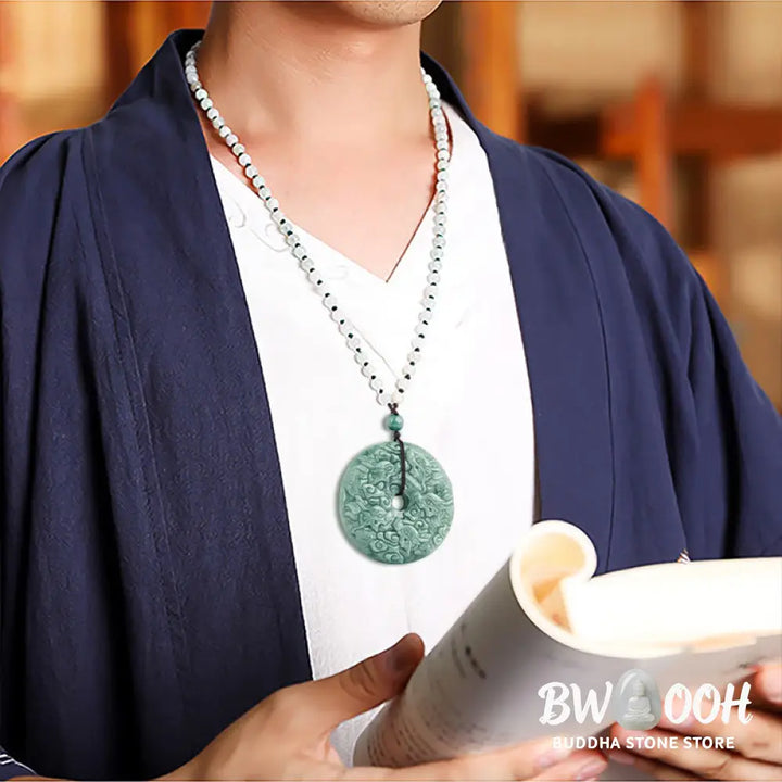 Buddha Stones Year of the Dragon Natural Jade Nine Dragons Peace Buckle Protection Necklace Pendant - BWOOOH